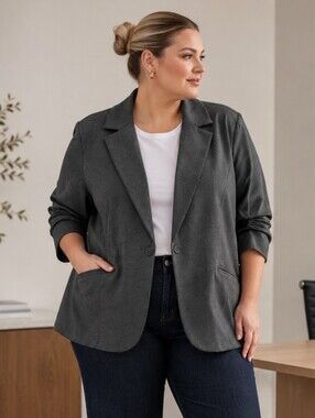 Torrid Plus Size 3x: Dark Gray Tailored Blazer Jacket Rouched 3/4 Sleeve